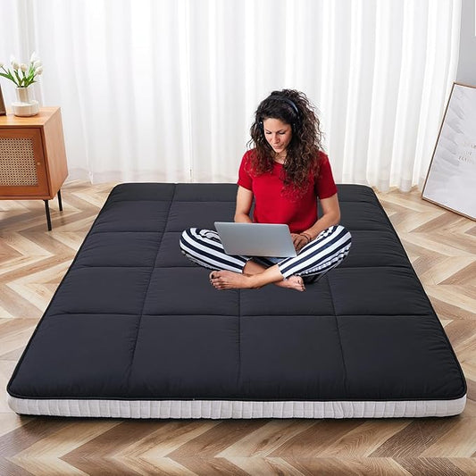 Full Size Futon Mattress - Fleece Foldable Japanese Floor Mattress - Super Soft Fuzzy Sleeping Pad for Adults - Tatami Mat Suitable for Camping & Guest & RV Mattress- Black (Full:80"L x 54"W x 4"Th)