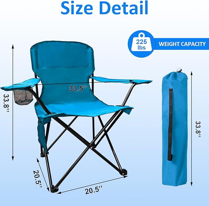 Folding Camping Chair, 225lb Capacity, Includes Cup Holder & Side Storage Bag, 5.5lbs Portable for Beach, Camping, Sport,2PCS Blue