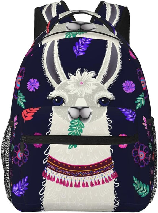 Backpack Polyester Anti-Theft Multipurpose Llama Alpaca Flower Leaves Art Bookbag Large Capacity Laptop Book Bag Rucksack With Side Pockets