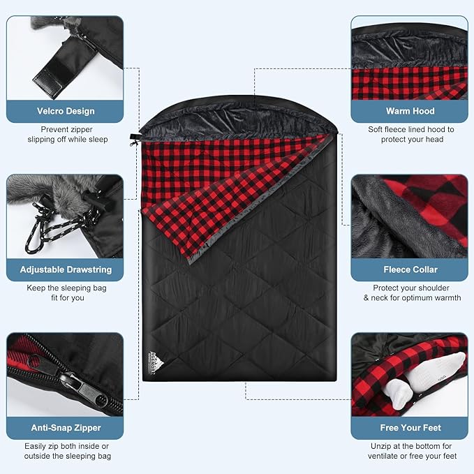 AGEMORE Cotton Flannel Double Sleeping Bag with Fleece Lined Hood, Waterproof Queen Size 2 Person Sleeping Bag for Adults Cold Weather Camping Backpacking or Hiking, 3-4season