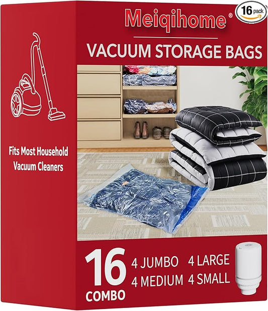 MEIQIHOME Vacuum Storage Bags, Space Saver Sealer Bags,Vacuum seal bags for clothing, Pillows, Comforters, Blankets, Bedding,Travel,16 Pack with Electric Pump