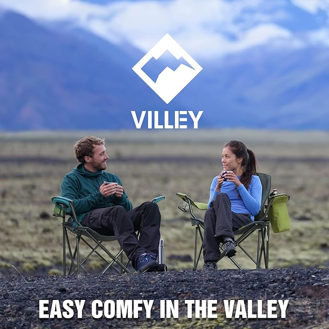 VILLEY Camping Chair, Oversized Folding Camp Chair, Portable Outdoor Chairs Support 400 LBS with Padded Seats, Cooler Bag, Cup Holder, Carry Bag, Green