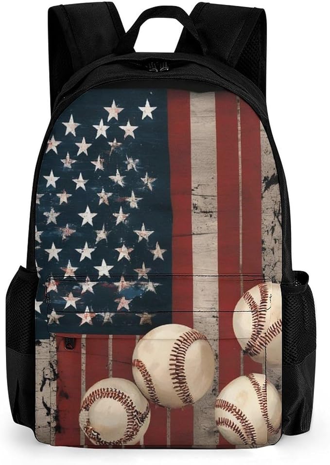 Supdreamc Adults Lightweight Vintage Patriotic Usa American Flag Baseball Print Rucksacks Large Capacity Bookbag With Adjustable Shoulder Straps for Trekking Outdoors Bicycle