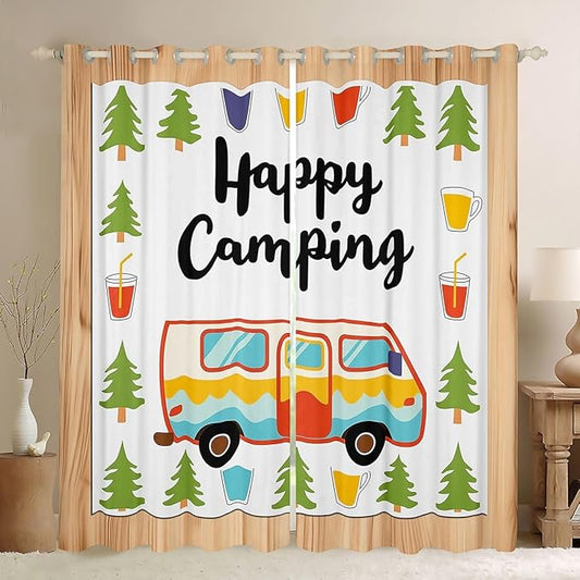 Erosebridal Camping Adventure Rv Blackout Curtains for Bedroom Living Room Happy Camping Window Curtains 2 Panels 52" Wx84 L Forest Camp Drapes,Pastoral Lodge Cabin Window Treatments