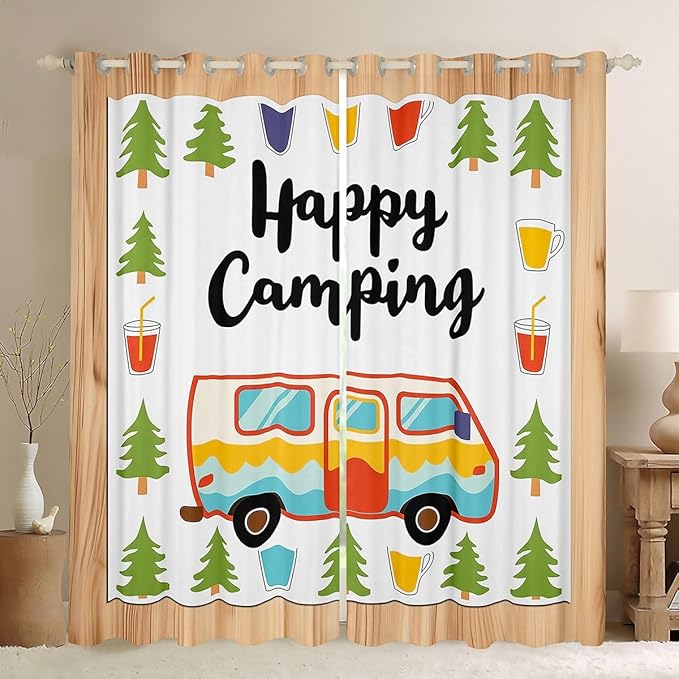 Erosebridal Camping Adventure Rv Blackout Curtains for Bedroom Living Room Happy Camping Window Curtains 2 Panels 42" Wx84 L Forest Camp Drapes,Pastoral Lodge Cabin Window Treatments