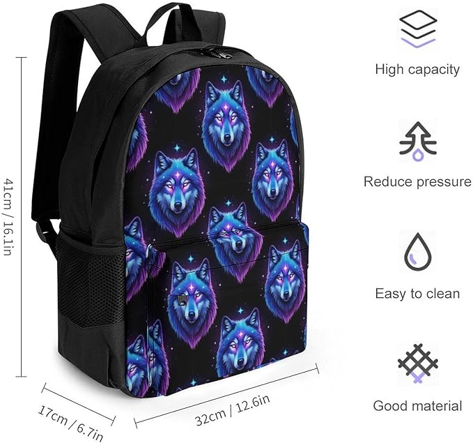 Versatile Polyester Backpack with Large Capacity for Business and Casual Activities, Wolf Galaxy Tavel Hiking Camping