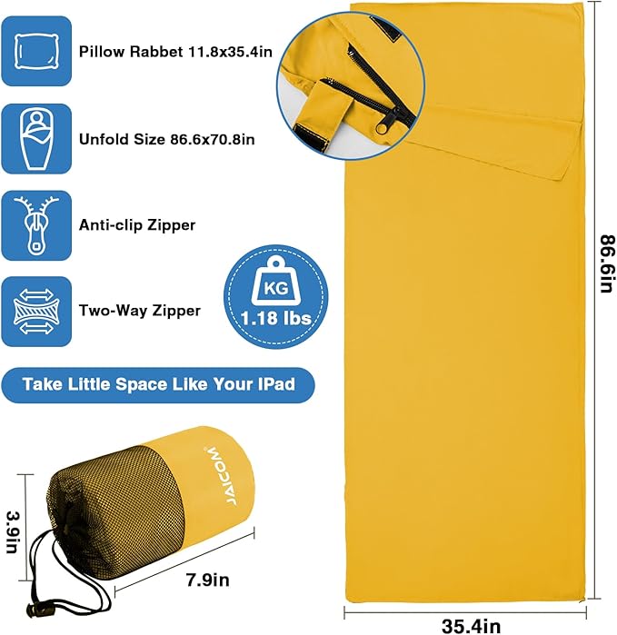 Sleeping Bag Liner, Sleep Sack Travel Sheets, Two-Way-Zipper Expose Feet Separately, Lightweight for Single, Backpacking,Hotels & Hostels, Camping, Travel, Business