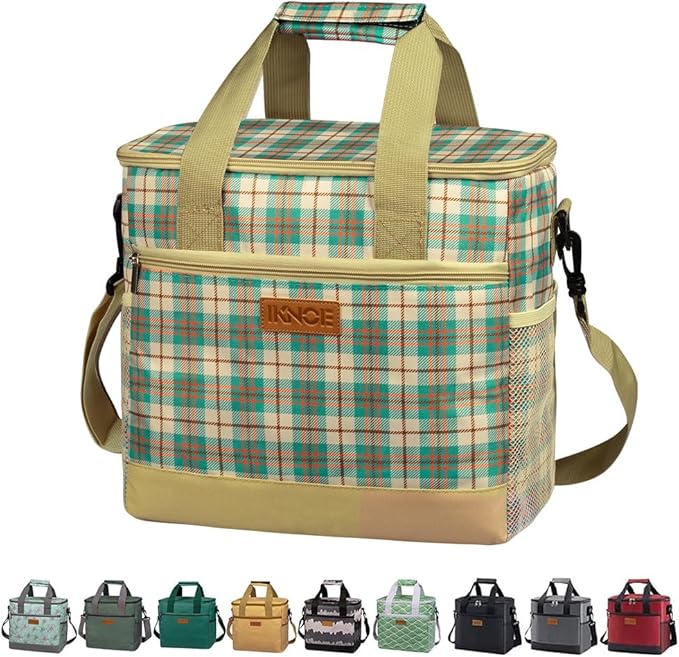 Iknoe Large Cooler Bag Collapsible 24 Can Insulated Bags Leakproof Lunch Cooler Tote with Multi-Pockets for Adult Insulated Thermal Bag for Beach, Picnic, Office Work(Khaki Lattice)