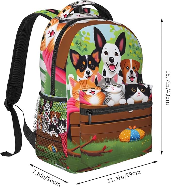 Men Women Lightweight Cute Animals Happy Dogs And Cats Art Casual Daypack Big Capacity Bookbag With Padded Straps for Gym Travel Walking Cycling