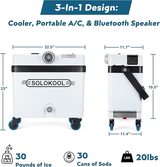 SoloKool Model V-ibe - Injection Molded Cooler, Portable Air Conditioner, & 35 Watt Bluetooth Speaker, 3-in-1 Design