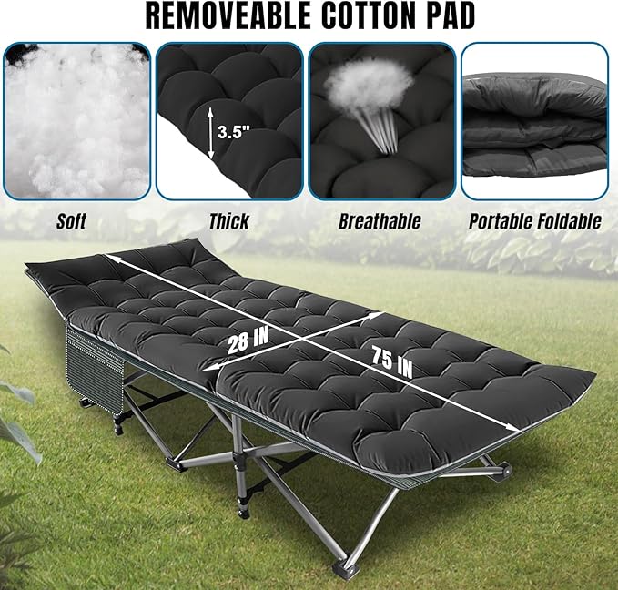 Big RED Camping Cot, Folding Camping Cots for Adults, 1200D Double Layer Oxford Portable Folding Outdoor Cots for Camping W/Soft Pad Carry Bag for Home Office Nap Beach Travel
