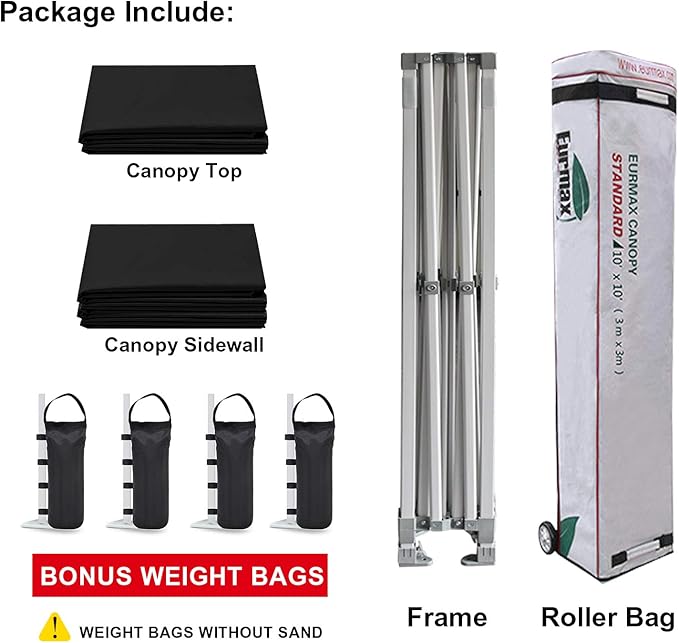 Eurmax USA 10'x10' Pop-up Canopy Tent Commercial Instant Canopies with 4 Removable Zipper End Side Walls and Roller Bag, Bonus 4 SandBags(Black)