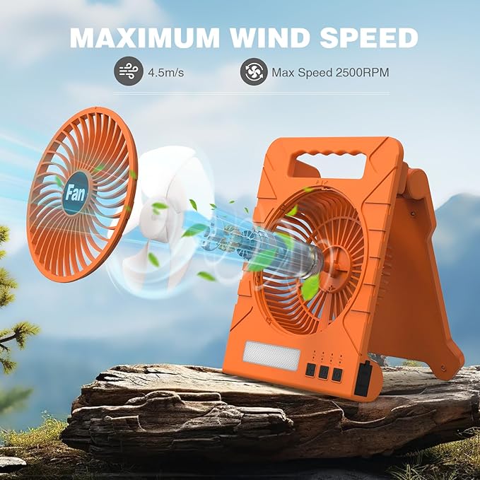Portable Solar Camping Fan, 4000mAh Rechargeable Battery Fan with LED Lantern, 4 Speeds & Timers, Quiet Fan for Outdoor, Tent, Fishing, Chicken Coop, Emergency, Worksite