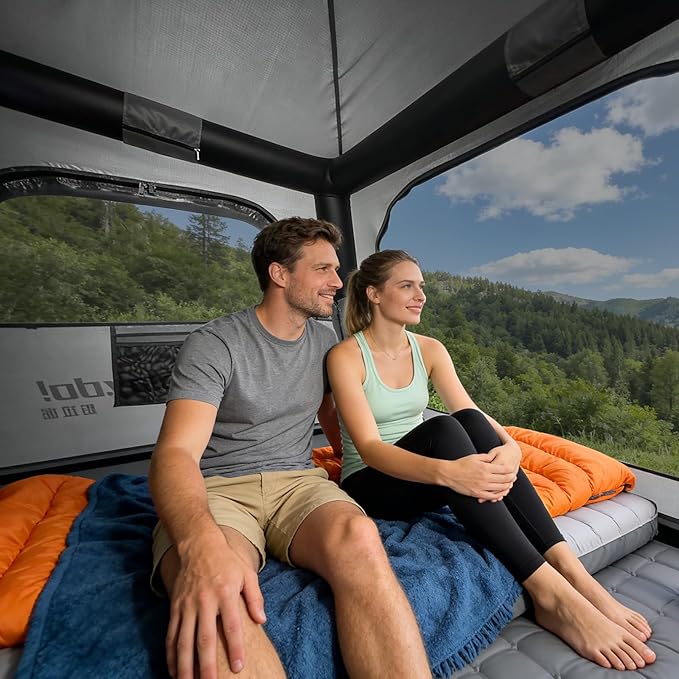 PlayDo Inflatable Rooftop Tent Easy Setup Camping Tent for The Roof of Sedans Pickup Blow Up Roof Top Tents SUV Truck Van Glamping Tent with Porch, Strip Light for 2-3 Person