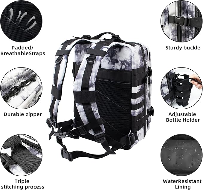 45L Large Tactical Military Backpack for Women and Men, Assault Pack Army 3 Day Molle Bug Out Bag with Adjustable Water Bottle Holder, Gym EDC Daypack Rucksack for Camping Motorcycle, Balck White Camo