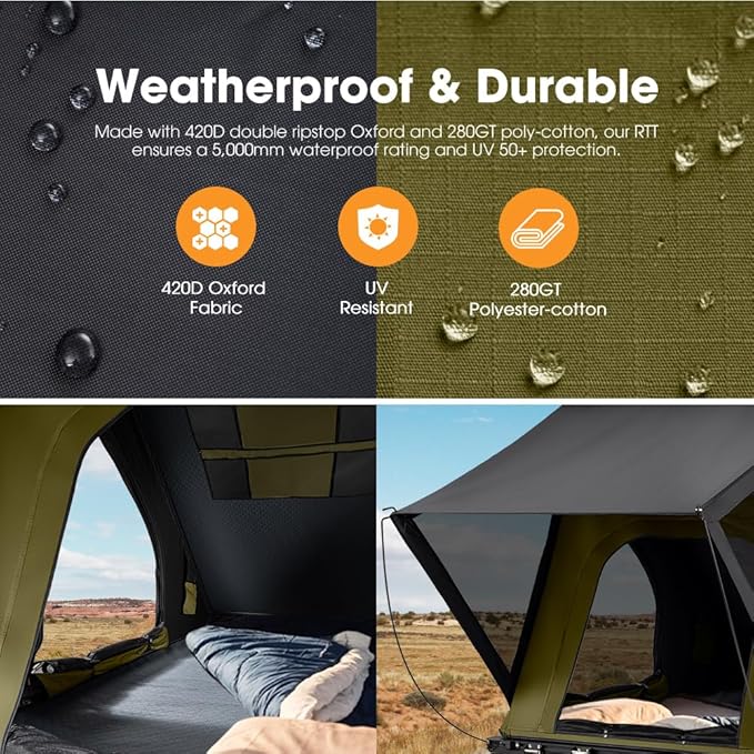 Sanhima Rooftop Tent Hard Shell - Hotham Lite Overland Aluminium Roof Top Tent 4.56" Slimline, w/Tri-Color LED Strip Light & 1.97” Thick Mattress, for Car SUV Truck Camping, 2-3 People