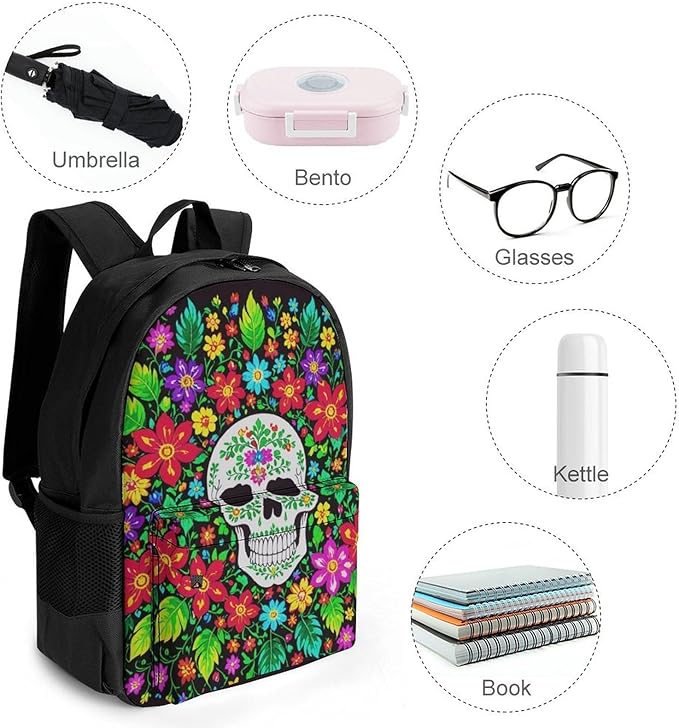 Rucksacks Polyester Anti-Theft Multipurpose Mexican Sugar Skulls Day Of The Dead Flowers Carry On Bag Large Capacity Gym Outdoor Hiking Backpack With Smooth Zippers