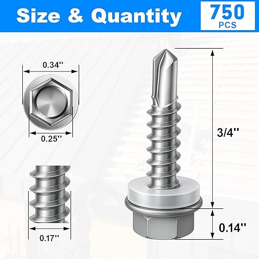 750Pcs Self Tapping Screws, Sheet Metal Screws #8x3/4, Self Drilling Screws for Metal with Hex Washer Head
