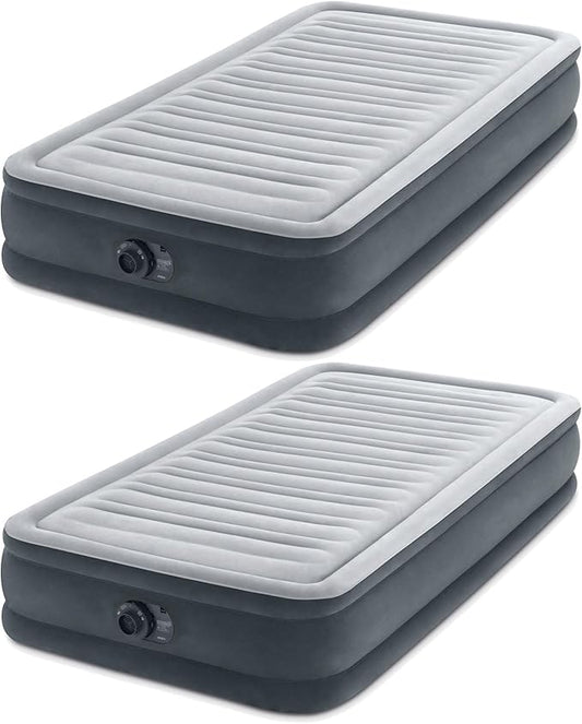 Intex Twin Size Dura Beam Deluxe Comfort Plush Air Mattress with Fiber Tech Construction, Built in Pump, and Portable Storage Case, Gray (2 Pack)