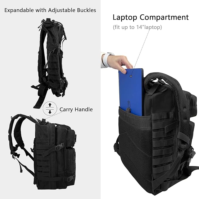 WOLT Military Tactical Backpack for Men 45L Molle Backpack 3 Day Assault Pack Bug Out Bag, Heavy Duty Rucksack for Hiking Gym(Black)