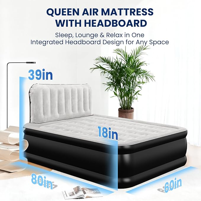 Queen Air Mattress with Headboard, Built-in Pump, 19" Raised Upgraded Comfort, 800 lbs Heavy-Duty Support, 48-Hour Leak-Tested, 3.5 Min Inflatable Portable Blow Up Mattress for Home, Guest & Camping