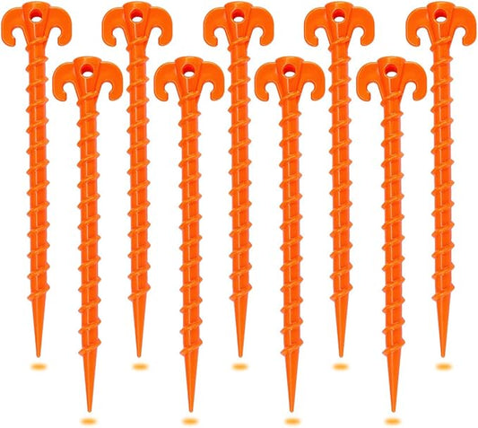 Spiral Plastic Tent Stakes 15 Pack - 10 Inch Heavy Duty Beach Tent Pegs Canopy Stakes - Essential Gear for Camping, Backpacking, Gardening and More