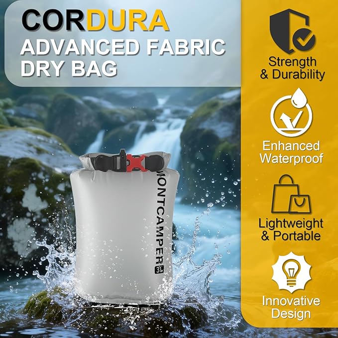 CORDURA Waterproof Dry Bag 3L – Heavy Duty IPX6 Roll Top Sack with Survival Whistle for Kayaking, Camping, Boating, Beach – Lightweight Dry Backpack (Gray)