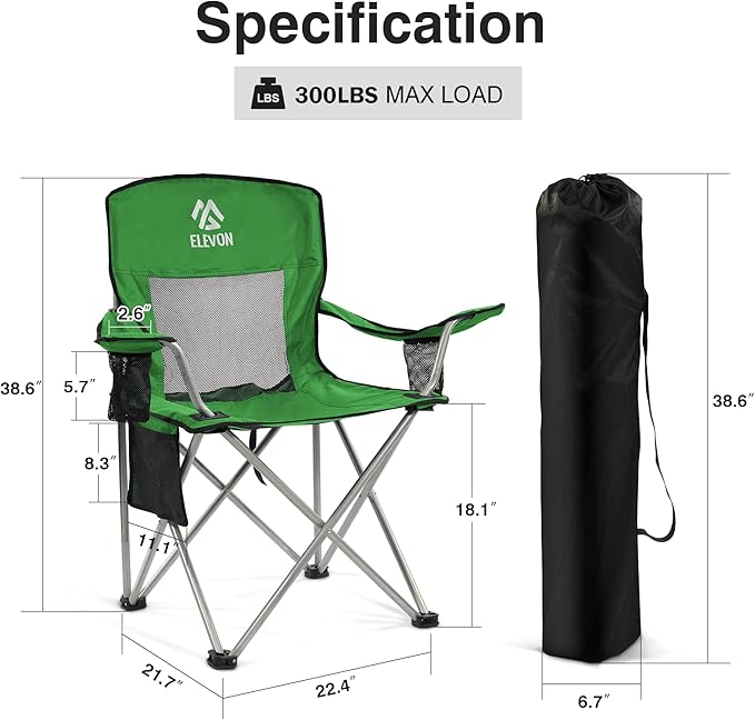 Elevon Camping Chair, Portable Folding Outdoor Chair with Arms, Cup Holder and Carry Bag