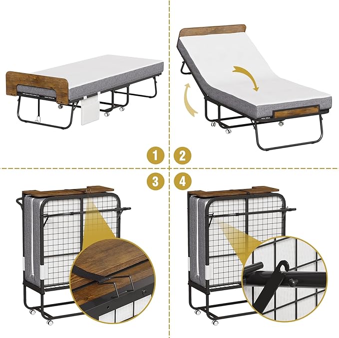 Folding Bed with 5" Mattress Wooden Headboard Side Pocket Cot Size Portable Beds for Adults Folded Guest Bed, Home Office,Fold Up Roll Away Beds for Easy Storage (Rustic Brown, Cot 75x31)