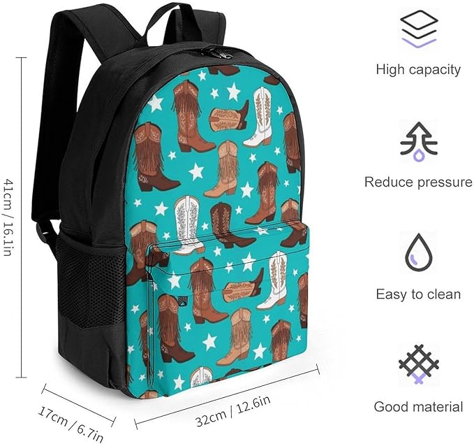 Daypack Bookbag Anti-Theft Multipurpose Large Capacity Bookbag, Beautiful Colorful Teal Cowboy Boots Travel Hiking Camping Rucksack With Adjustable Shoulder Straps