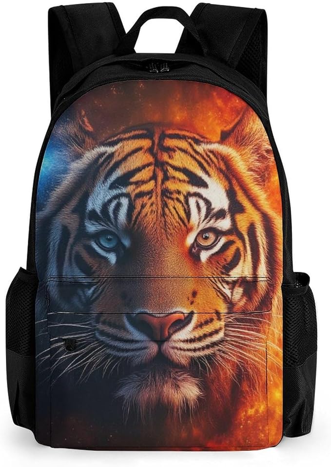 Rucksack Polyester Anti-Theft Multipurpose Space Fire Flame Animal King Wild Angry Tiger Bookbag Big Capacity Travel and Sport Backpack Rucksack With Side Pockets