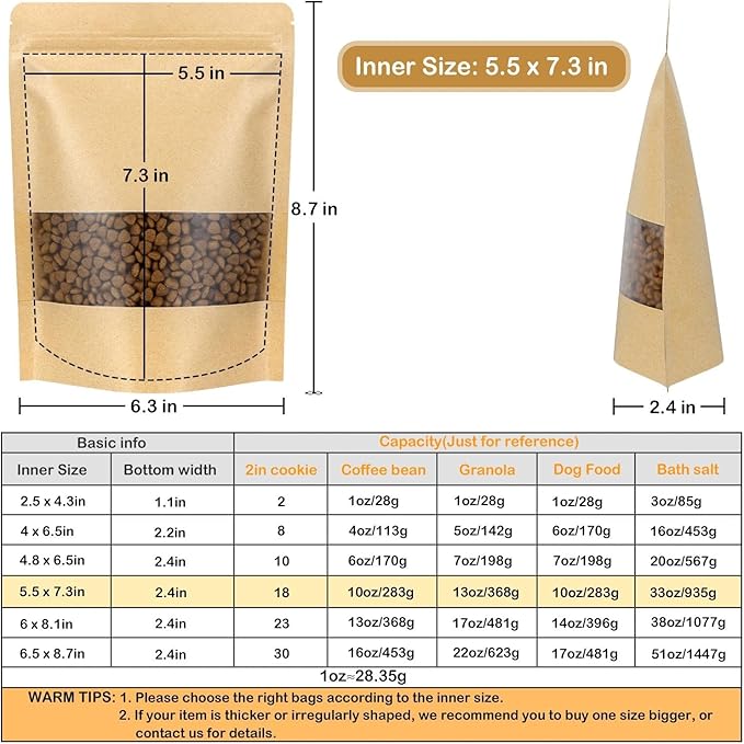 Blisstime Stand Up Pouches, 50 Pack Kraft Paper Bags with Matte Window and Tear Notch Resealable Bags for Small Business Home Use (5.5 x 7.3 Inches)