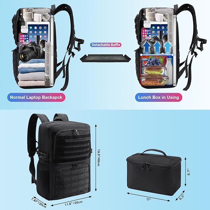 BERTASCHE Lunch Backpack, Laptop Backpack 15.6 inch Work Backpack w/Insulated Cooler Lunch box for Men Women, Tactical Casual Daypack for Commuter Picnic College,Black