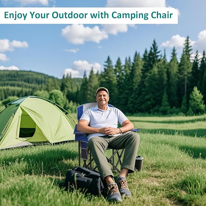 Camping Chair with Cooler Bag, Cup Holder, Storage Pocket, Heavy Duty 450lbs Capacity with Large Anti-Sink Feet, Portable Folding Padded Chair for Outdoor, Beach, Fishing, Sports, Blue 2Pack