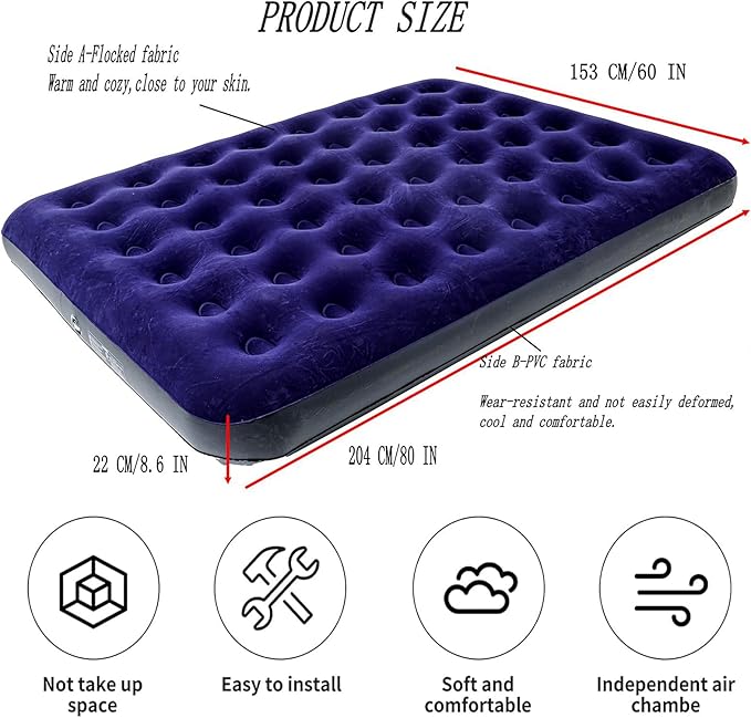 Queen Size Double Camping Air Mattress Bed with Air Pump,Inflatable Mattress,80"x 60"Thickened Portable Blow Up Air Mattress,Travel Sleeping Bed Pad for Camping Home Hiking