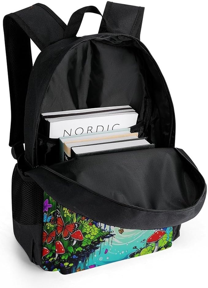 Supdreamc Men Women Polyester Psychedelic Mushroom Trippy Magic Butterfly Art Daypack Backpack Large Capacity Carry On Bag With Smooth Zippers for Hiking Picnic Walking Cycling