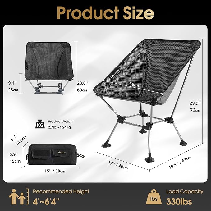 MOON LENCE Camping Chair Plus, Upgraded Comfort & Size, Still Compact and Lightweight, Folding Portable Chair for Backpacking & Hiking, 330Lbs Capacity, Gen 3 Plus (Onyx (Plus))