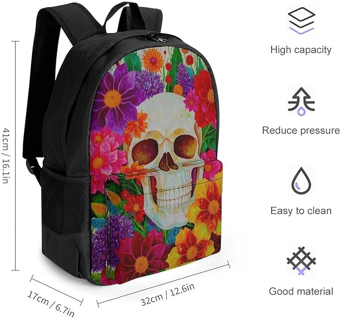Rucksack Polyester Anti-Theft Multipurpose Colorful Sugar Skull Floral Bookbag Big Capacity Travel and Sport Backpack Rucksack With Side Pockets