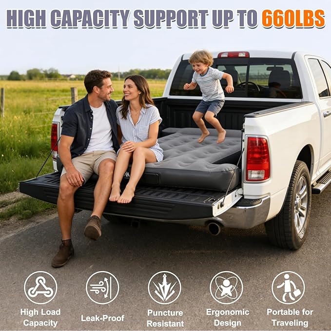 AYAMAYA Truck Bed Air Mattress with Built-In Cordless Rechargeable Pump, Inflatable Mattress with Pillow for 5.5-5.8ft Full Size Short Truck Beds, Portable Pickup Airbed for Outdoor Camping, Road Trip