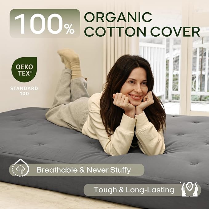 ZonLi Japanese Floor Futon Mattress Full Size 54"x 75",100% Cotton Cover 6'' Thicken Tatami Mattress,Foldable Sleeping Pad,Portable Dormitory Tatami Mat,Roll Up Floor Lounger Bed for Adult (Grey)