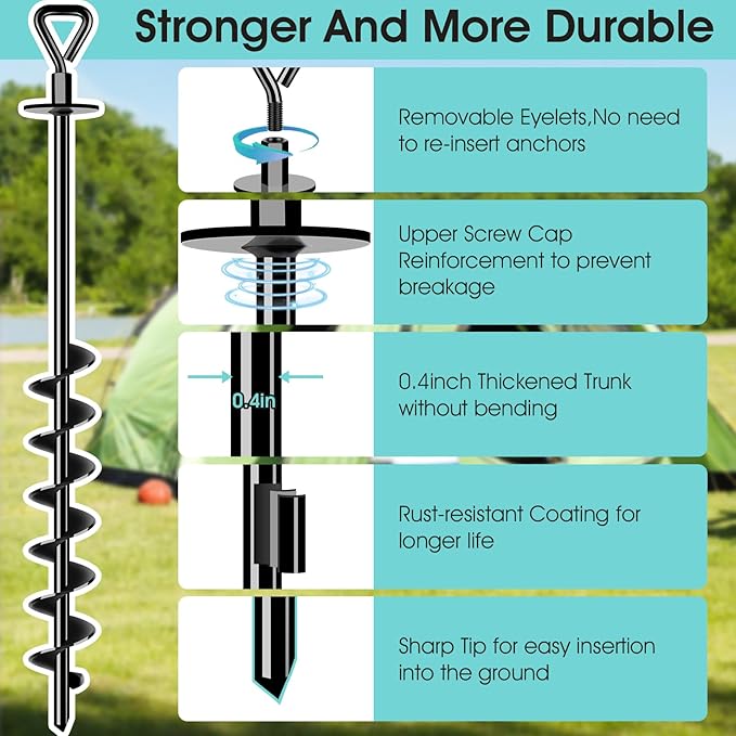 Ground Anchors Screw in, Heavy Duty Ground Trampoline Stakes High Wind Tent Stakes for Tent, Trampoline, Gazebo, Carport, Trap Anchor, Canopies, Swing Set