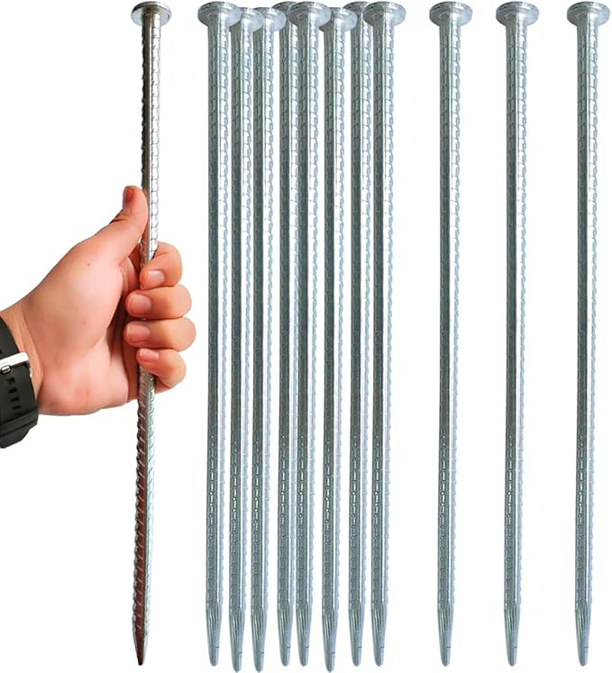 16 Inch Rebar Stakes 14 Pack - 0.5 Inch Diameter Threaded Galvanized Steel Ground Anchors - Heavy Duty Plant Support Garden Stake for Speed Bump, Wheel Stop, Tent Stakes