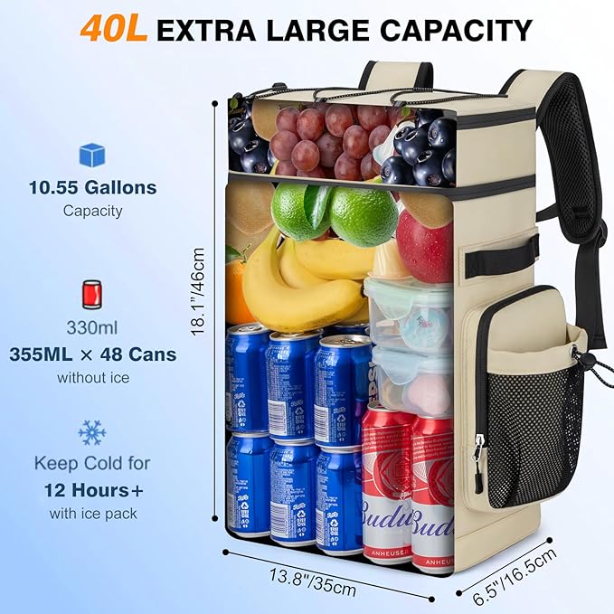 Insulated Cooler Backpack, 40L Leakproof Backpack with Double Compartments for Men & Women, Large Lunch Cooler for Camping, Beach, Travel, Picnic, Up to 48 Cans