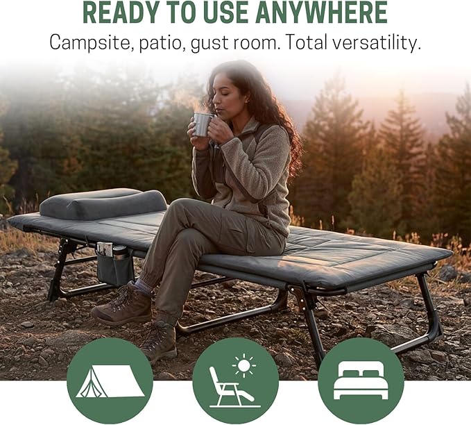 Mopaicot Folding Camping Cot for Adults, Adjustable 4-Position Reclining Chair with Mattress and Pillow, Lounge Chair Camp Cots Bed for Sleeping, Travel, Garden, Pool, or Office Nap (Gray)