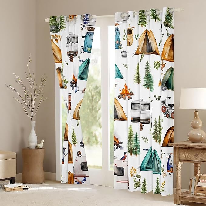 Feelyou Camper Theme Curtains for Bedroom Living Room Happy Camping Blackout Darkening Drapes Travel Car Rv Window Treatments, 2 Panels 42 x 90 Inch Cute Camper Room Decor