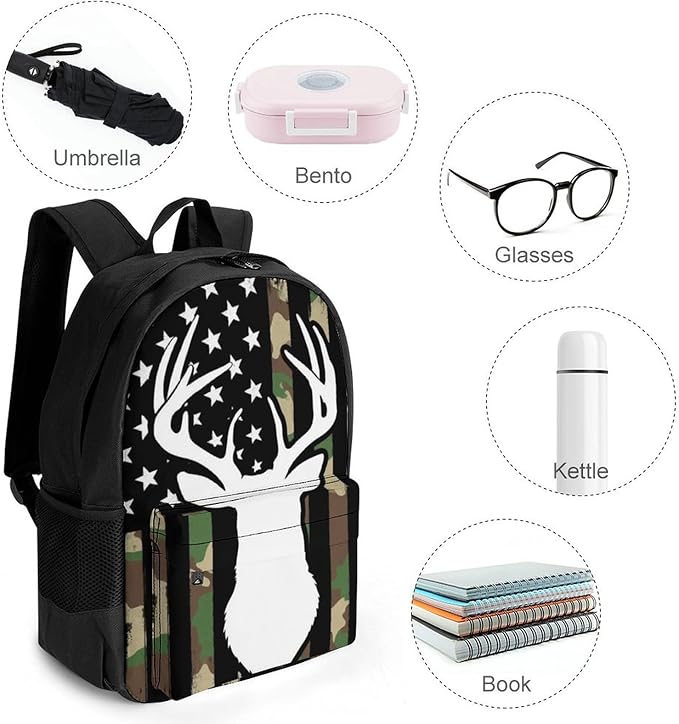 Lightweight Rucksack for Sports Travel Running, Big Capacity Multipurpose Anti-Theft Bookbag, Camouflage American Flag Hunting Deer Camo Travel and Sport Backpack Rucksack