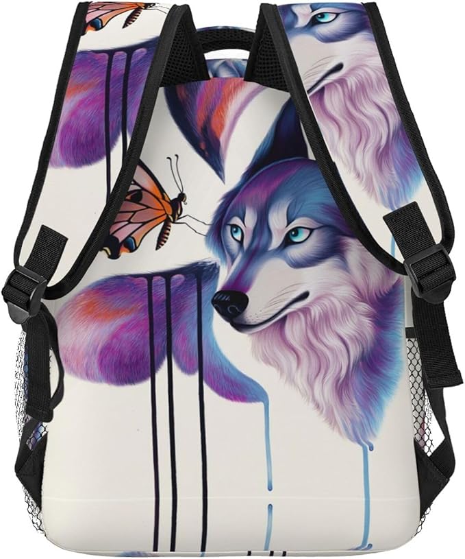 Rucksacks Multipurpose Anti-Theft Big Capacity Bookbag, Colorful Wolves And Butterflies Art Travel Hiking Camping Rucksack With Padded Straps