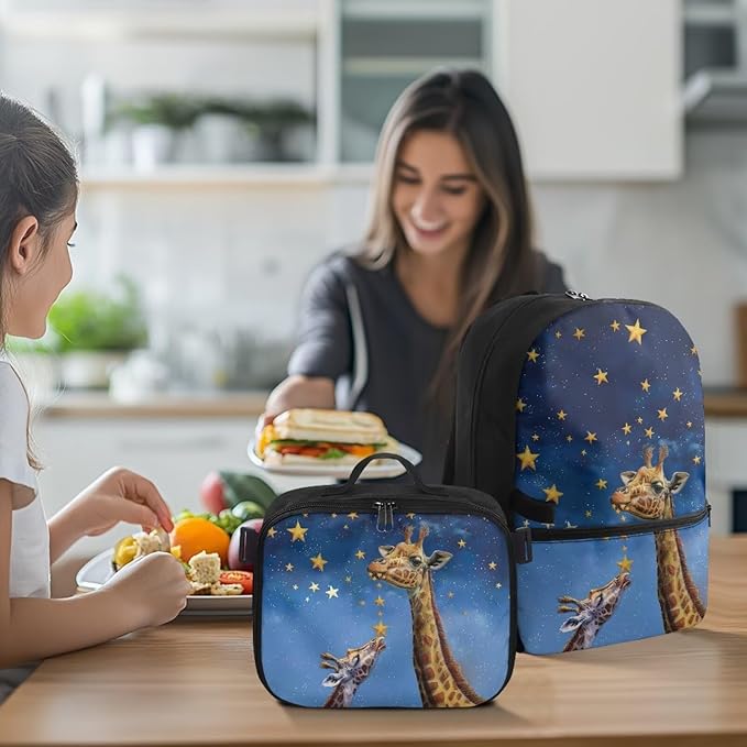 HUGS IDEA Star Giraffes Backpacks for Girls with Lunchbox Cute Book Bag for Toddler Gils Lightweight Kindergarten Preschool School Bag Kids Back Pack Students Bookbag for Camping Hiking
