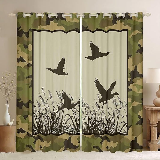 Manfei Mallard Blackout Curtains Wild Duck Green Camouflage Window Drapes,Wildlife Theme Camo Window Treatments,Kids Boys Girls Room Decor,Grommet Top 2 Panel Set Bedroom Curtains, 42Wx84L inch