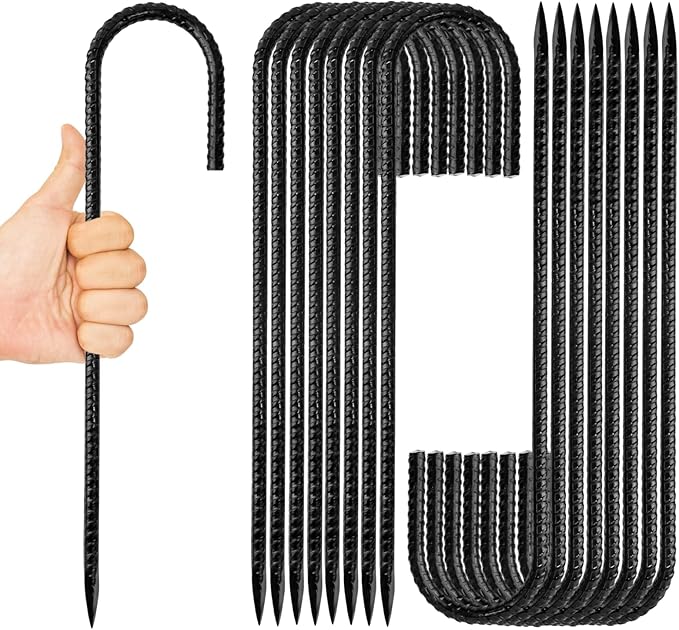 Anothera 16 Pack Heavy Duty Trampoline Stakes, 12 Inches Trampoline Anchors High Wind, Heavy Duty J Shaped Rebar Stakes for Trampoline, Tents, Inflatables, Fences, Outdoor Decoration